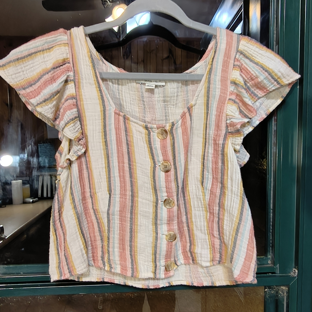 American Eagle Outfitters Multicolor Striped Ruffle Sleeve Blouse
